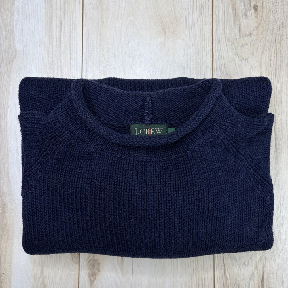 VTG J. CREW Roll Neck Knit Sweater Mens Large Navy Blue Cotton